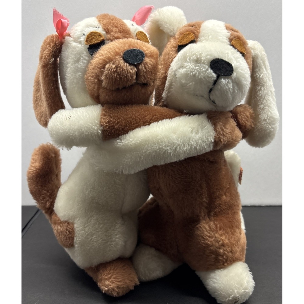 Vintage 1976 Dakin Hugging Dogs Plush Toy White & Brown Puppy Hook and Loop Bow